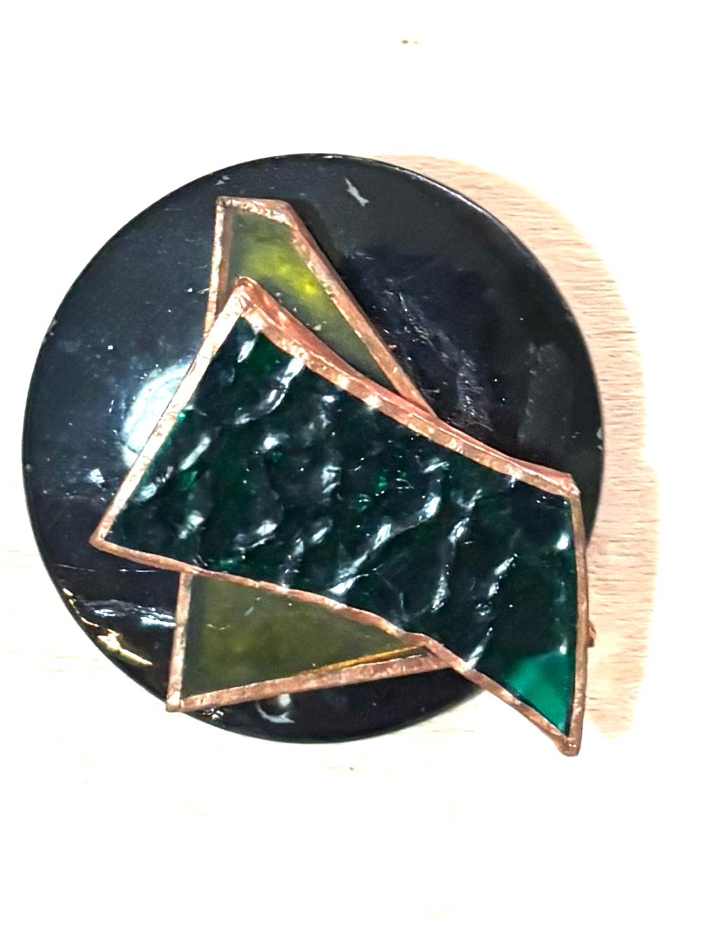 Vintage Green and Black Stained Glass Geometric Brooch